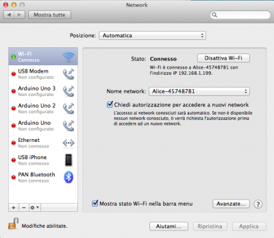 schermata preferenze di rete wifi OSX