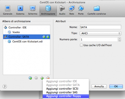 Kickstart Linux Vbox aggiungi Floppy