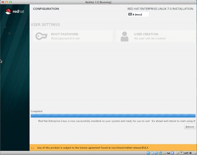 RedHat Enterprise Linux 7 installazione completata