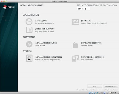 RedHat Enterprise Linux 7 scegli il disco su cui installare