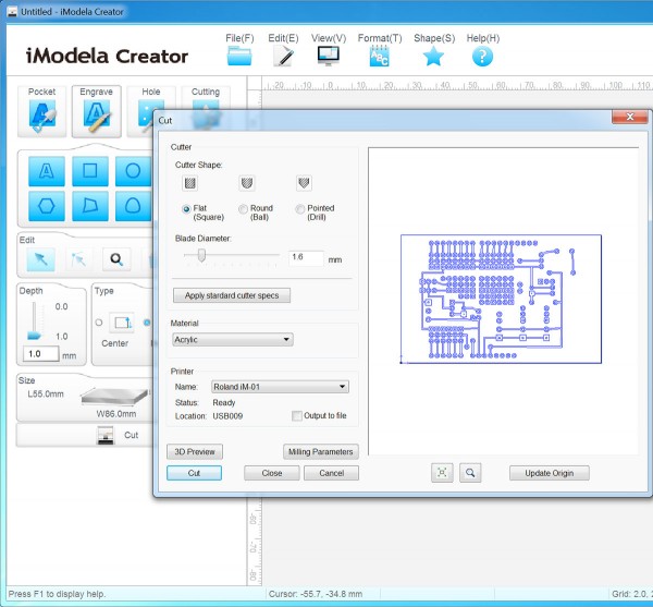 PCB iModela Creator cut parameter