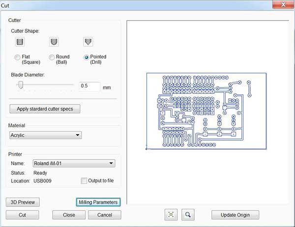 iModela Creator PCB cut parameter