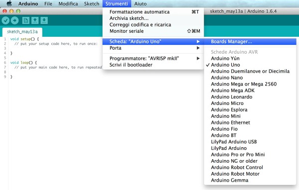 arduino IDE 1.6.4 Board Manager menu