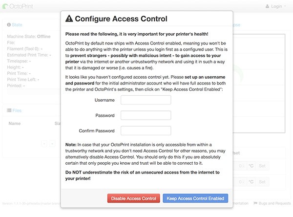 OctoPrint Web Configure Access Control