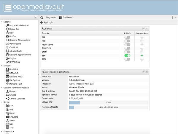 NAS OpenMediaVault Home page first access