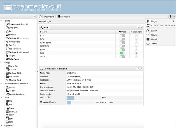 NAS OpenMediaVault right menu after first login