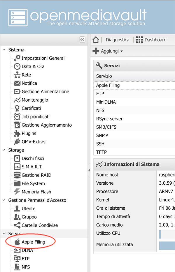 openmediavault Apple Filing plugin Time Machine menu