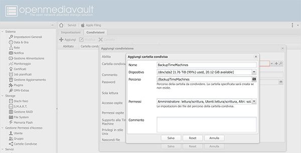 openmediavault Apple Filing plugin Time Machine add share
