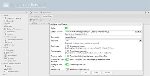openmediavault Apple Filing plugin Time Machine add share settings