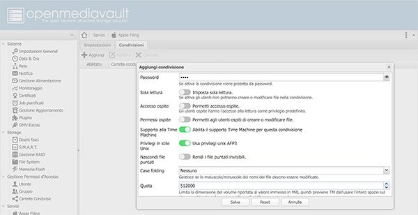openmediavault Apple Filing plugin Time Machine add share settings password settings