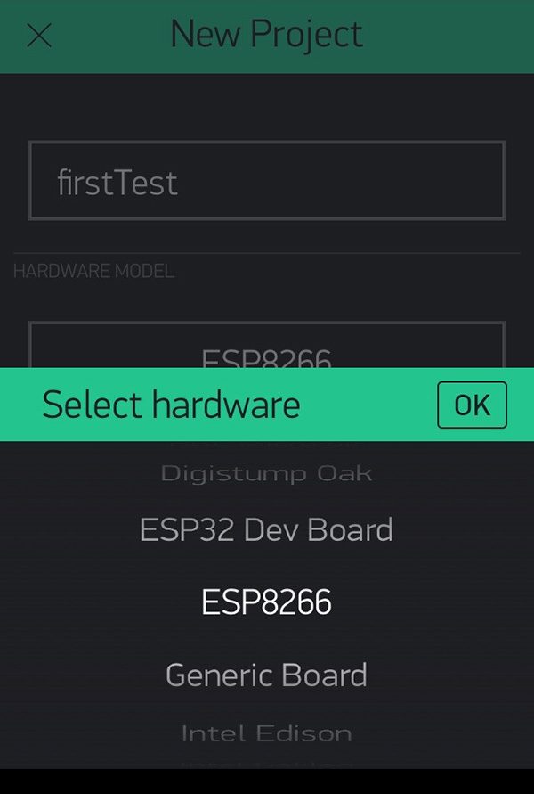 Blynk new project select device esp8266