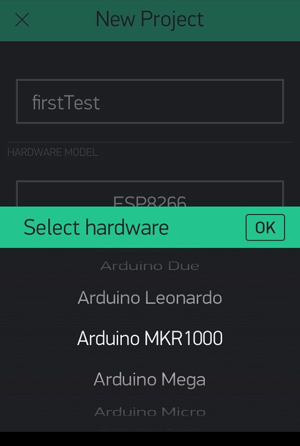 Blynk new project select device mkr1000