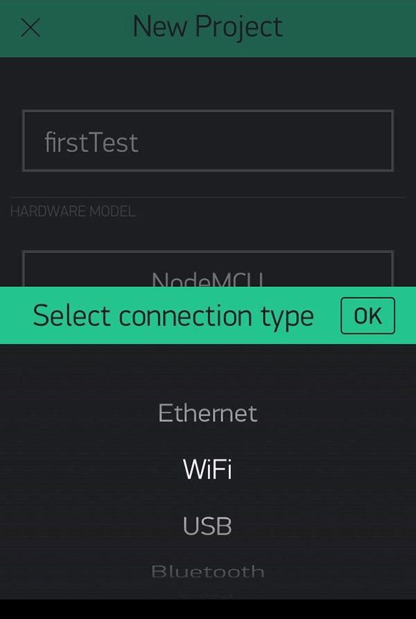 Blynk new project select conn type