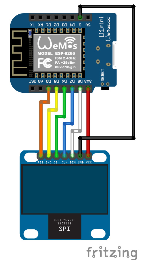 SSD1331 OLED RGB Wemos schema fritzing