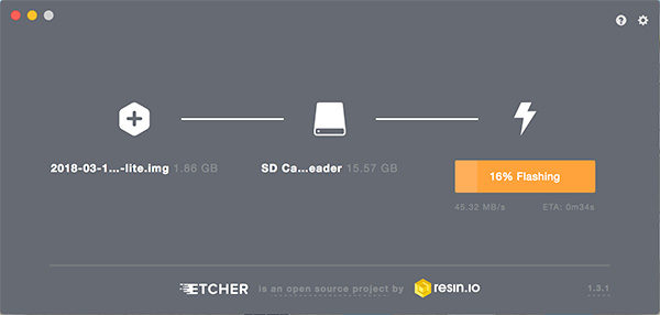 Raspbian stretch lite etcher in progress