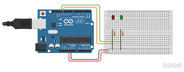 <yoastmark class='yoast-text-mark'/>Tinkercad circuit due led lampeggiano” width=”600″ height=”236″></p>
<p>per lo sketch ho utilizzato del codice molto semplice, fondamentalmente basato sull’utilizzo dei sue soli comandi digitalWrite e delay che in modo sequenziale definiscono come i due led devono accendersi e spegnersi.</p>
<h2>Lo sketch Tinkercad circuit due led lampeggiano</h2>
<p>Lo sketch del progetto Tinkercad circuit due led lampeggiano è legato alle poche righe se seguono:</p>
<pre class=