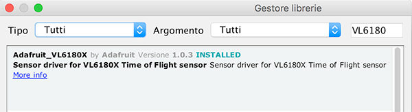 Modulo TOF VL6180x library installed