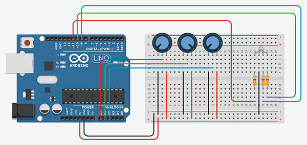 Tinkercad arduino led rgb e potenziometri