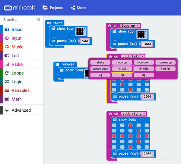 Micro bit accelerometer sketch event on options