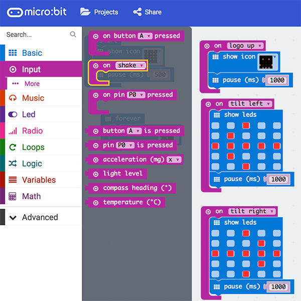 Micro bit accelerometer sketch event on shake