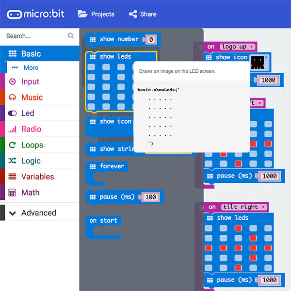 Micro bit accelerometer sketch show leds