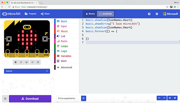 micro bit primo sketch show javascript code