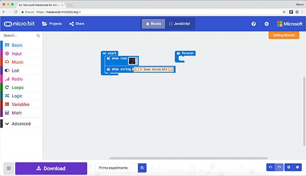 micro bit primo sketch show string message