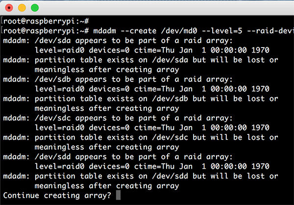 Raspberry RAID5 mdadm create raid confirm