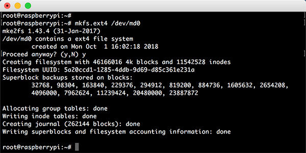 Raspberry RAID5 mdadm mkfs ext4