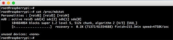 Raspberry RAID5 mdadm raid status mdstat