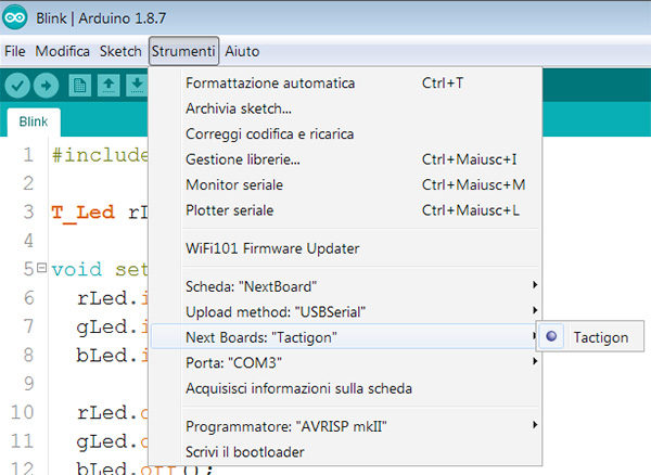 the tactigon arduino ide board selected