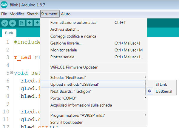 the tactigon arduino ide usb serial mode selected