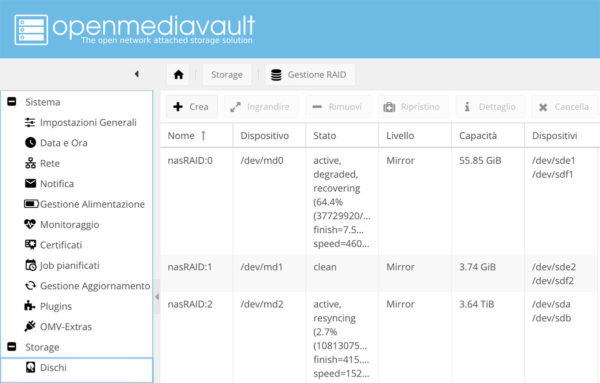 mdadm nas openmediavault shows disks