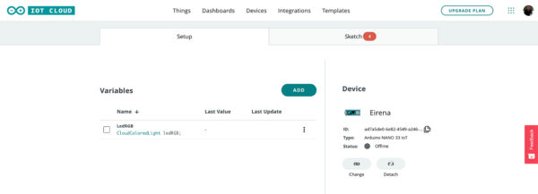 Arduino IoT neopixel project Things Device nano selected