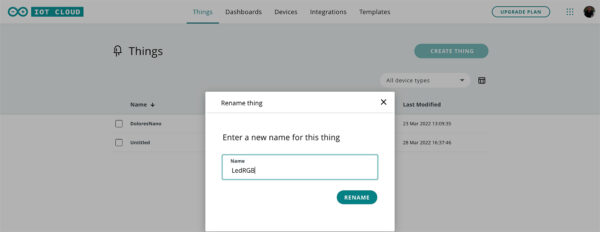 Arduino IoT neopixel project Things rename set