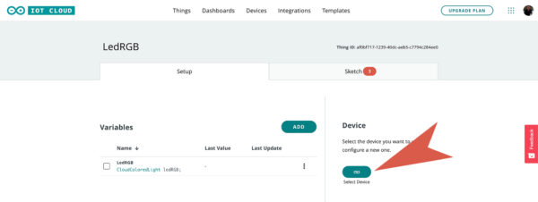 Arduino IoT neopixel project Things select Device