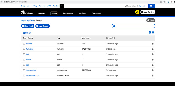 Adafruit Io feeds