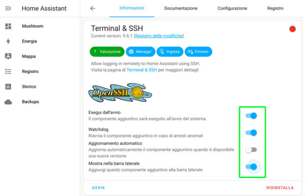 HomeAssistant Mushroom configure ssh