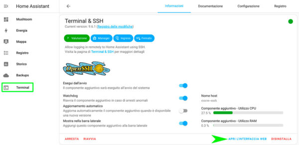 HomeAssistant Mushroom start ssh terminal