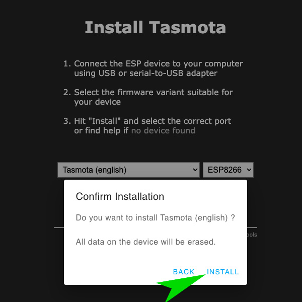 tasmota web installer confirm install