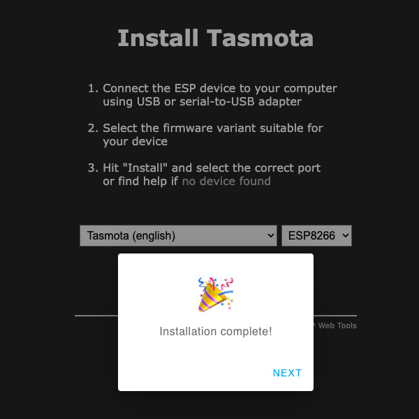 tasmota web installer install complete