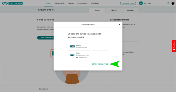 Arduino Uno R4 WiFI IoT Cloud set up new device