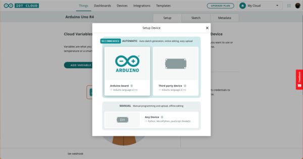 Arduino Uno R4 WiFI IoT Cloud selsct Arduino board