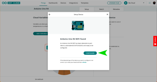 Arduino Uno R4 WiFI IoT Cloud device found