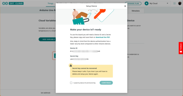 Arduino Uno R4 WiFI IoT Cloud keep and copy the Secret Key