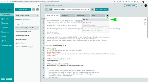 Arduino Uno R4 IoT Matrix add tab in the sketch