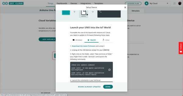 Arduino Uno R4 WiFI IoT Cloud download the firmware