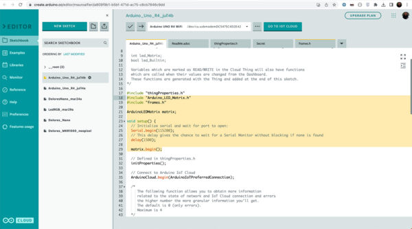 Arduino Uno R4 IoT Matrix in the first tab add matrix code