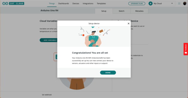 Arduino Uno R4 WiFI IoT Cloud board added to IoT Cloud