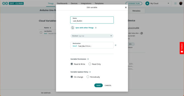 Arduino Uno R4 WiFI IoT Cloud add ledbuiltin variable